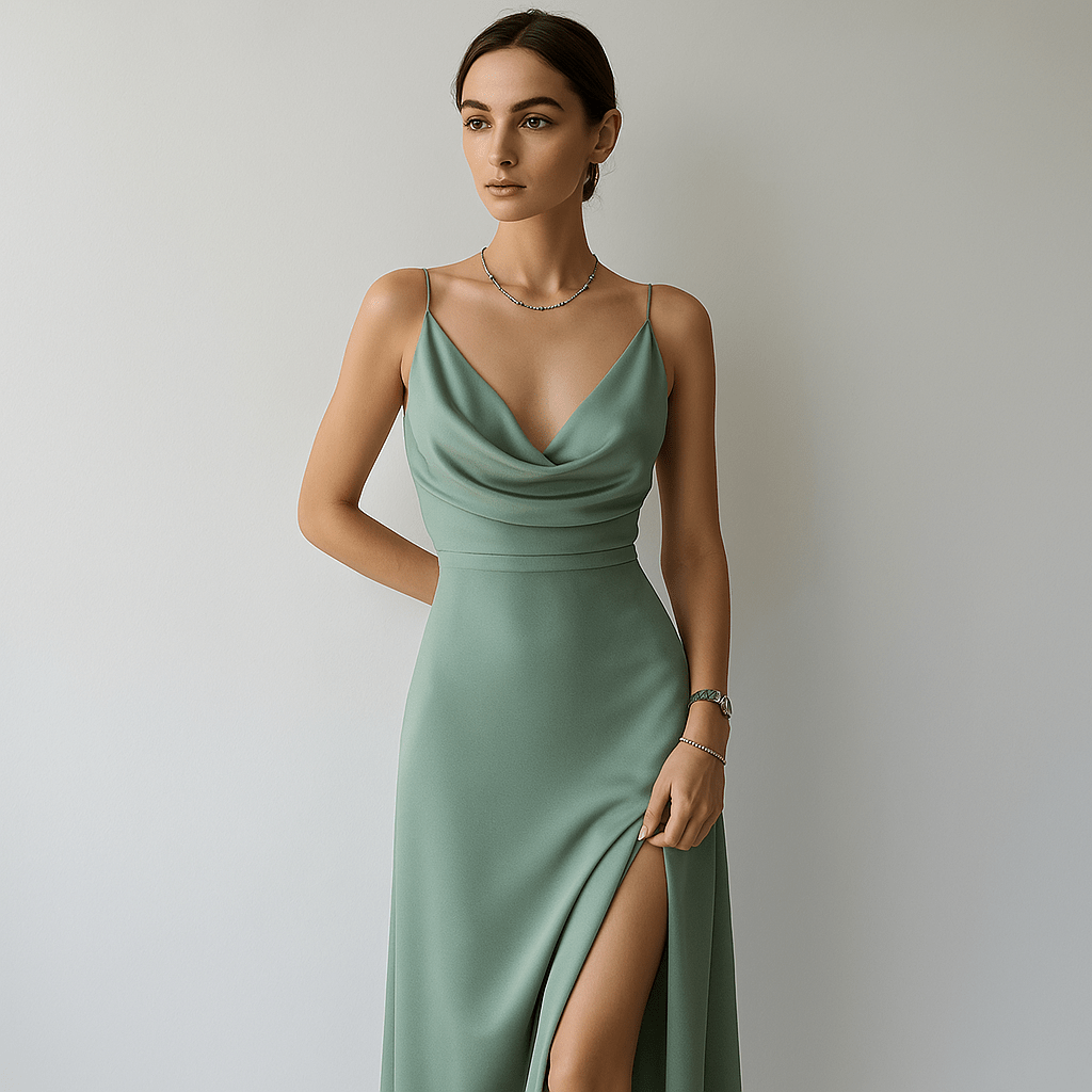 Lavinque Dress Vert sauge / S Robe Longue Rouge | Drapée Élégante | Fente Haute Séduisante