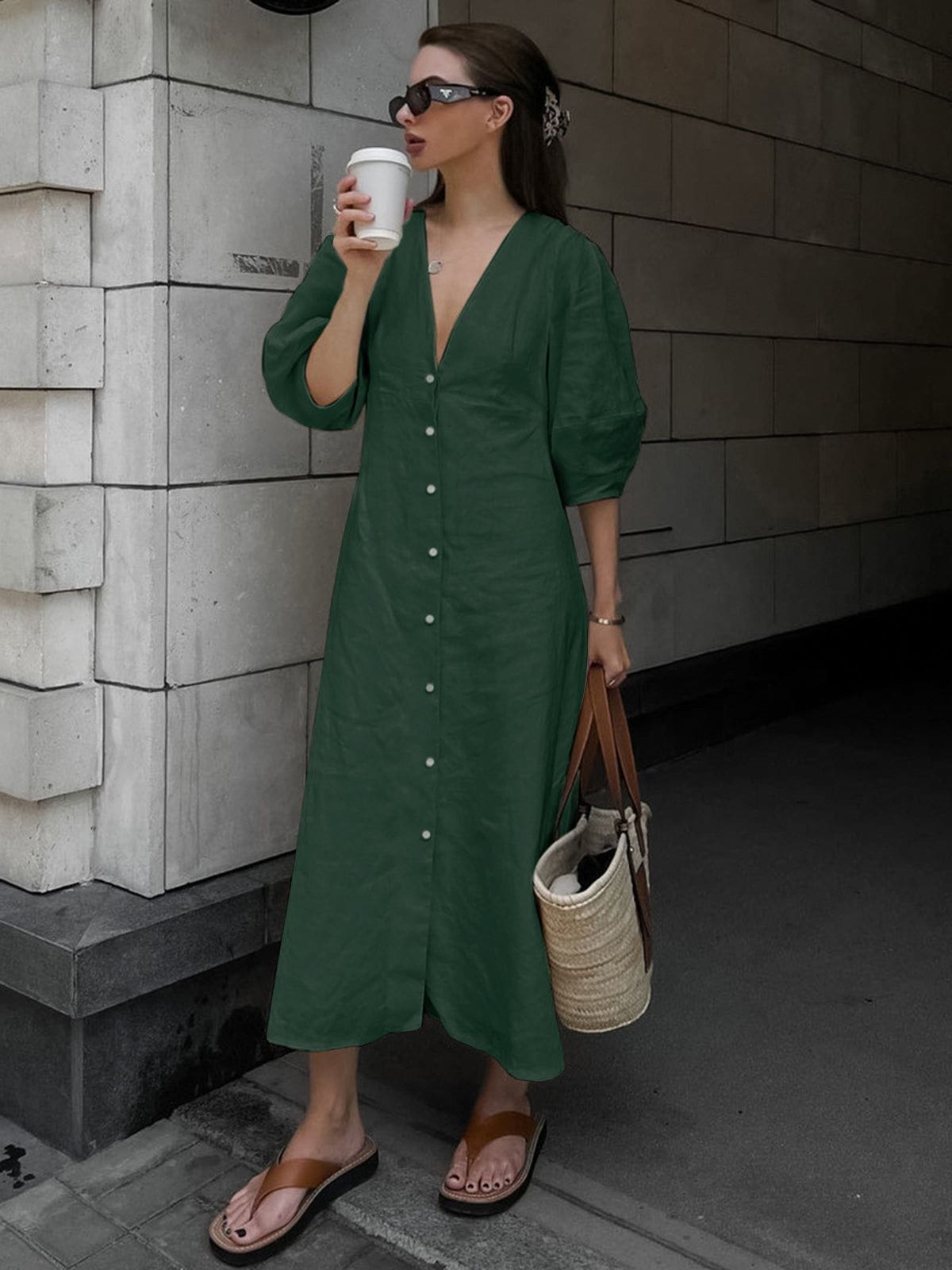 Lavinque Dress Vert / XS Robe Longue en Lin Boutonnée | Élégante | Naturelle et Confortable