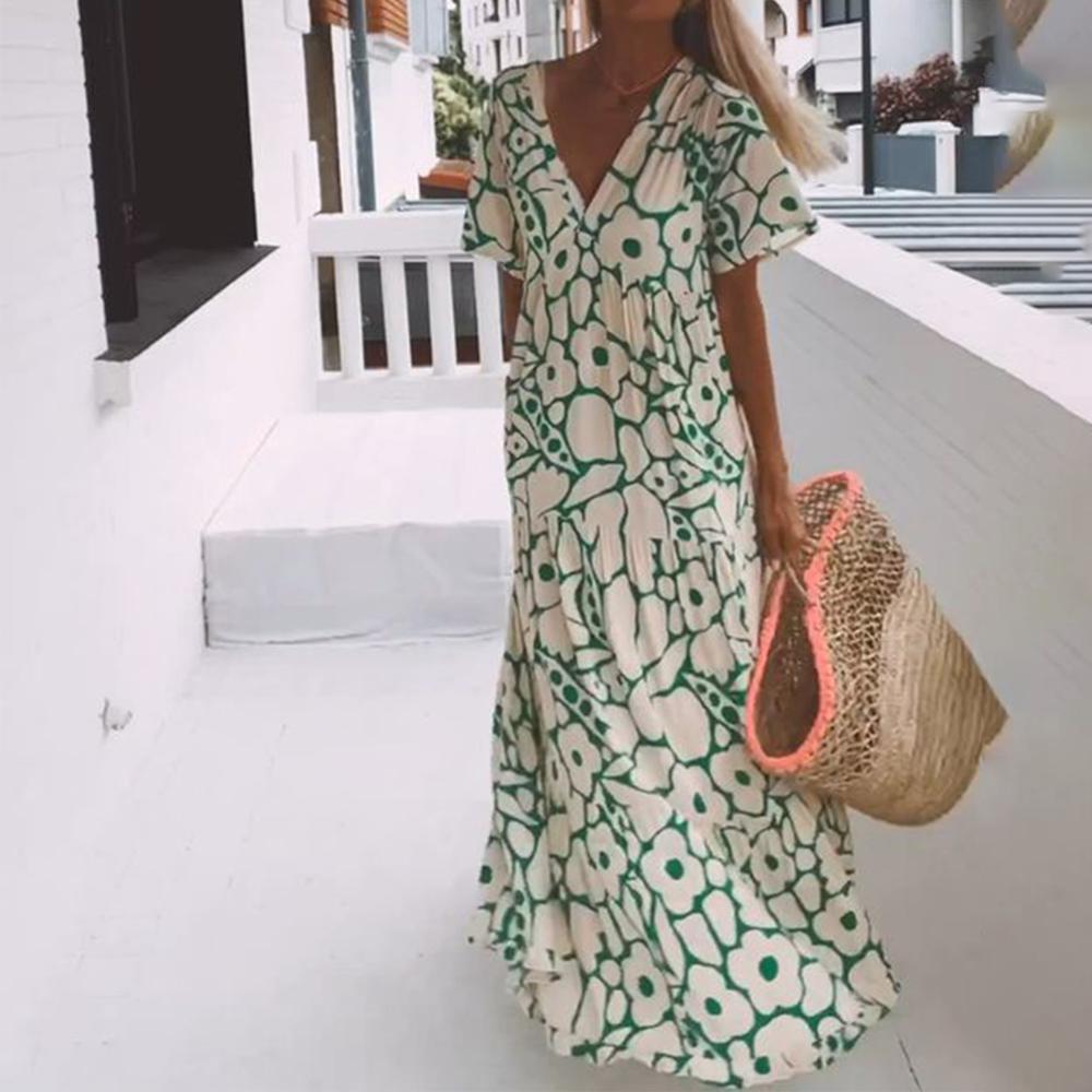 Lavinque Dress Vert / XS Robe longue fluide à imprimé floral | Robe | Élégance bohème et légèreté estivale