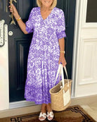Lavinque Dress Violet / S Robe Bohème à Imprimé Fleuri | Mi-Longue et Fluide | Élégance Décontractée