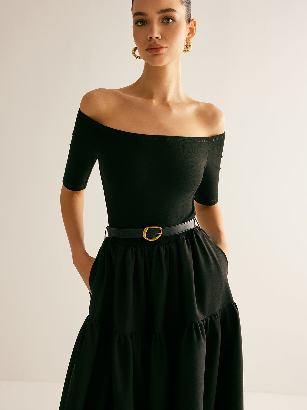 Lavinque Dresses Robe Épaules Dénudées Noire | Ceinturée | Élégante et Intemporelle