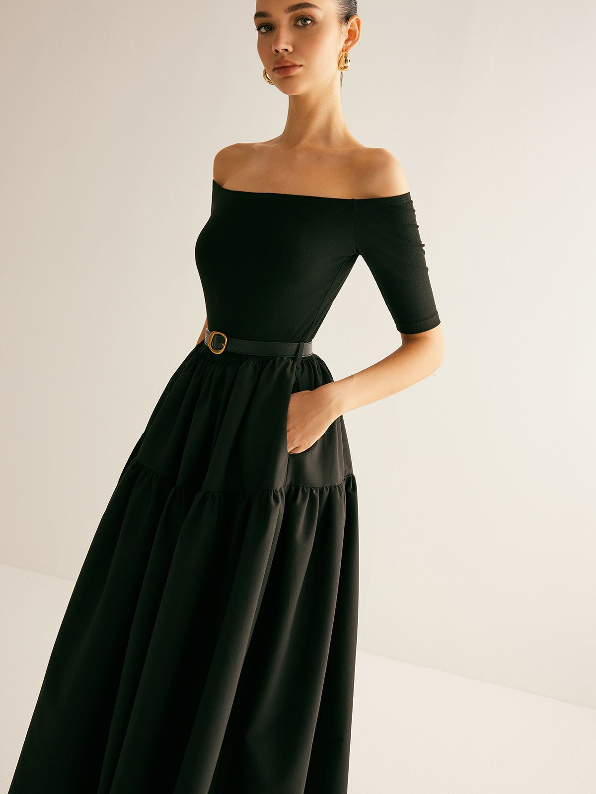 Lavinque Dresses Robe Épaules Dénudées Noire | Ceinturée | Élégante et Intemporelle