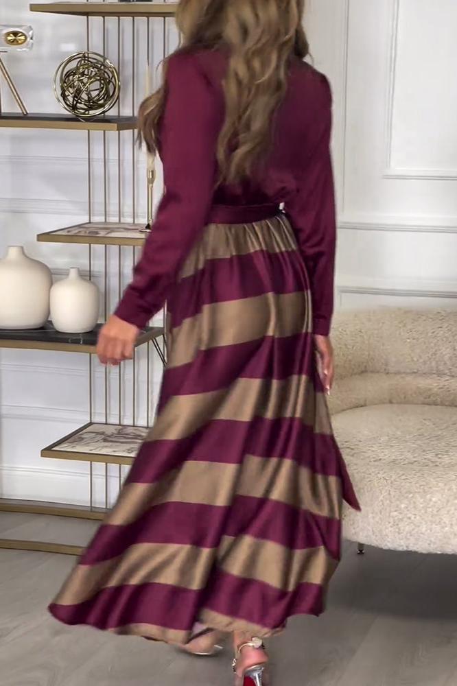 Lavinque Dresses Robe Longue Rayée Élégante | Bordeaux & Beige | Fluide, Structurée et Parfaite pour les Occasions