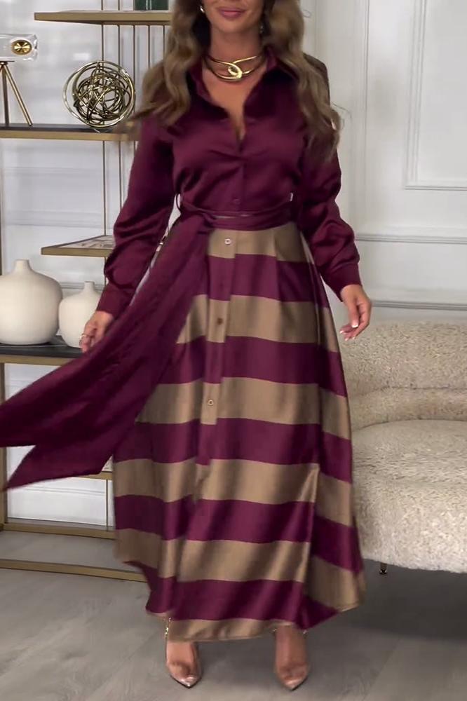 Lavinque Dresses Robe Longue Rayée Élégante | Bordeaux & Beige | Fluide, Structurée et Parfaite pour les Occasions