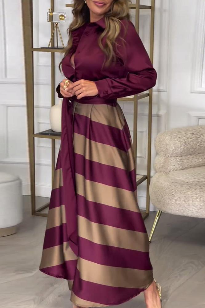 Lavinque Dresses Robe Longue Rayée Élégante | Bordeaux & Beige | Fluide, Structurée et Parfaite pour les Occasions