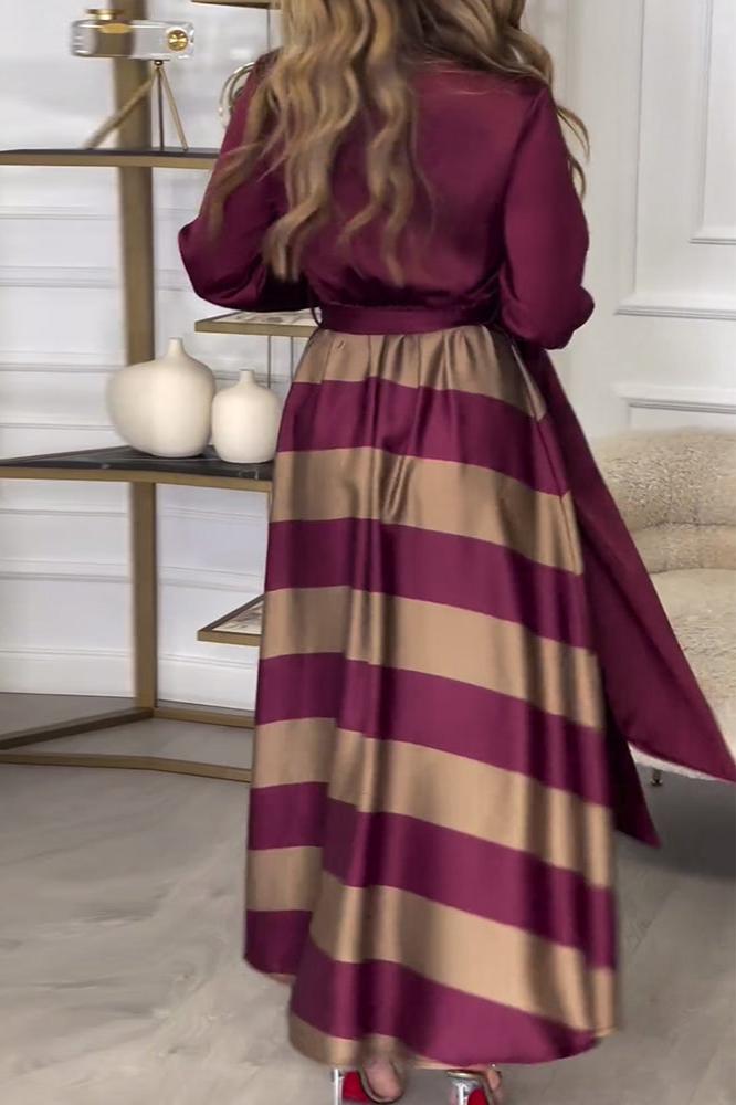 Lavinque Dresses Robe Longue Rayée Élégante | Bordeaux & Beige | Fluide, Structurée et Parfaite pour les Occasions