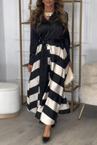 Lavinque Dresses Robe Longue Rayée Élégante | Bordeaux & Beige | Fluide, Structurée et Parfaite pour les Occasions