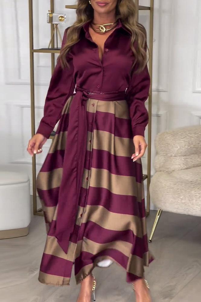 Lavinque Dresses Robe Longue Rayée Élégante | Bordeaux & Beige | Fluide, Structurée et Parfaite pour les Occasions