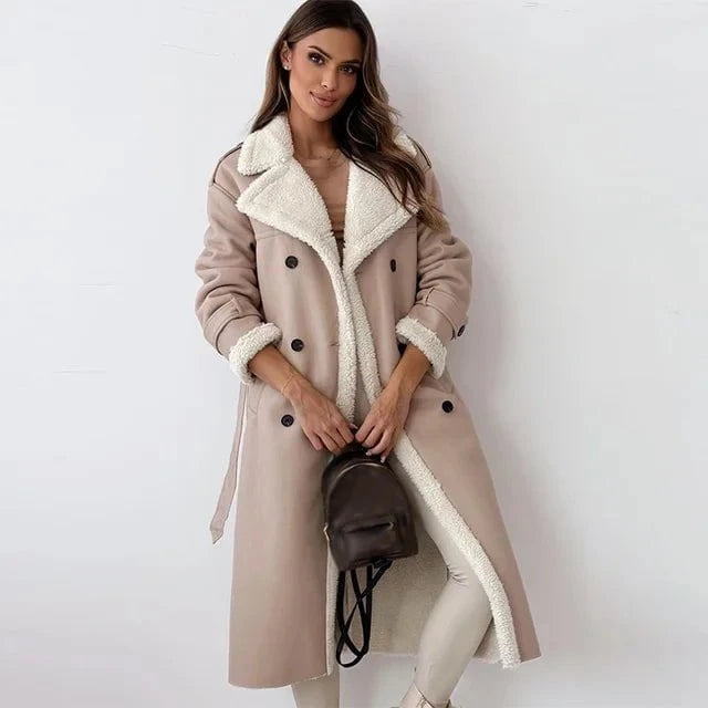 Lavinque Jacket Beige / S Manteau Long Femme | Effet Cuir & Doublure Mouton | Chaleur et Élégance