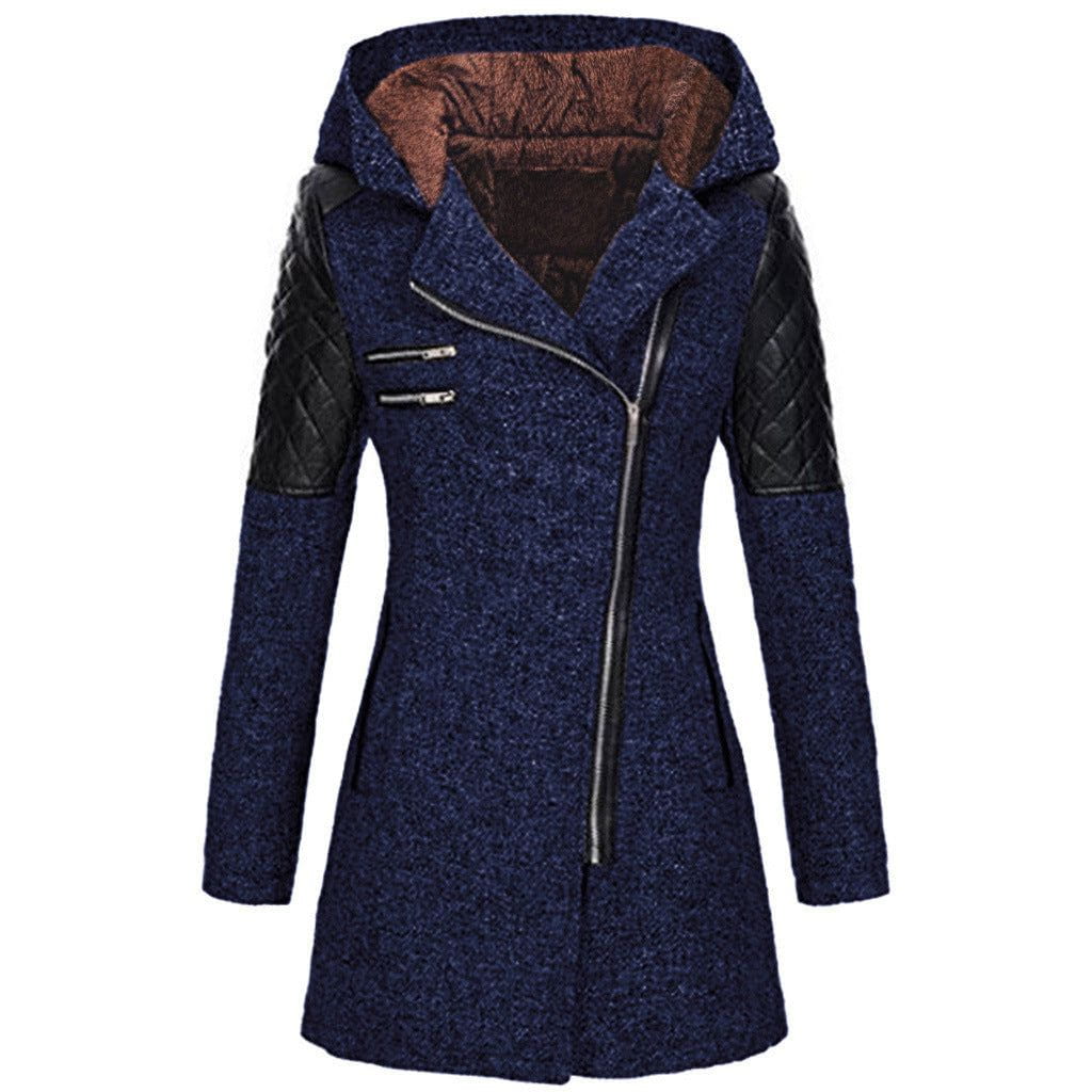 Lavinque Jacket Bleu foncé (avec capuche en velours) / S Manteau Biker Hiver | Laine & Simili Cuir | Chaud et Tendance