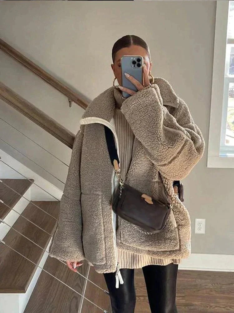 Lavinque Jacket Café / S Veste Femme | Effet Mouton & Oversize | Chaleur et Style Décontracté