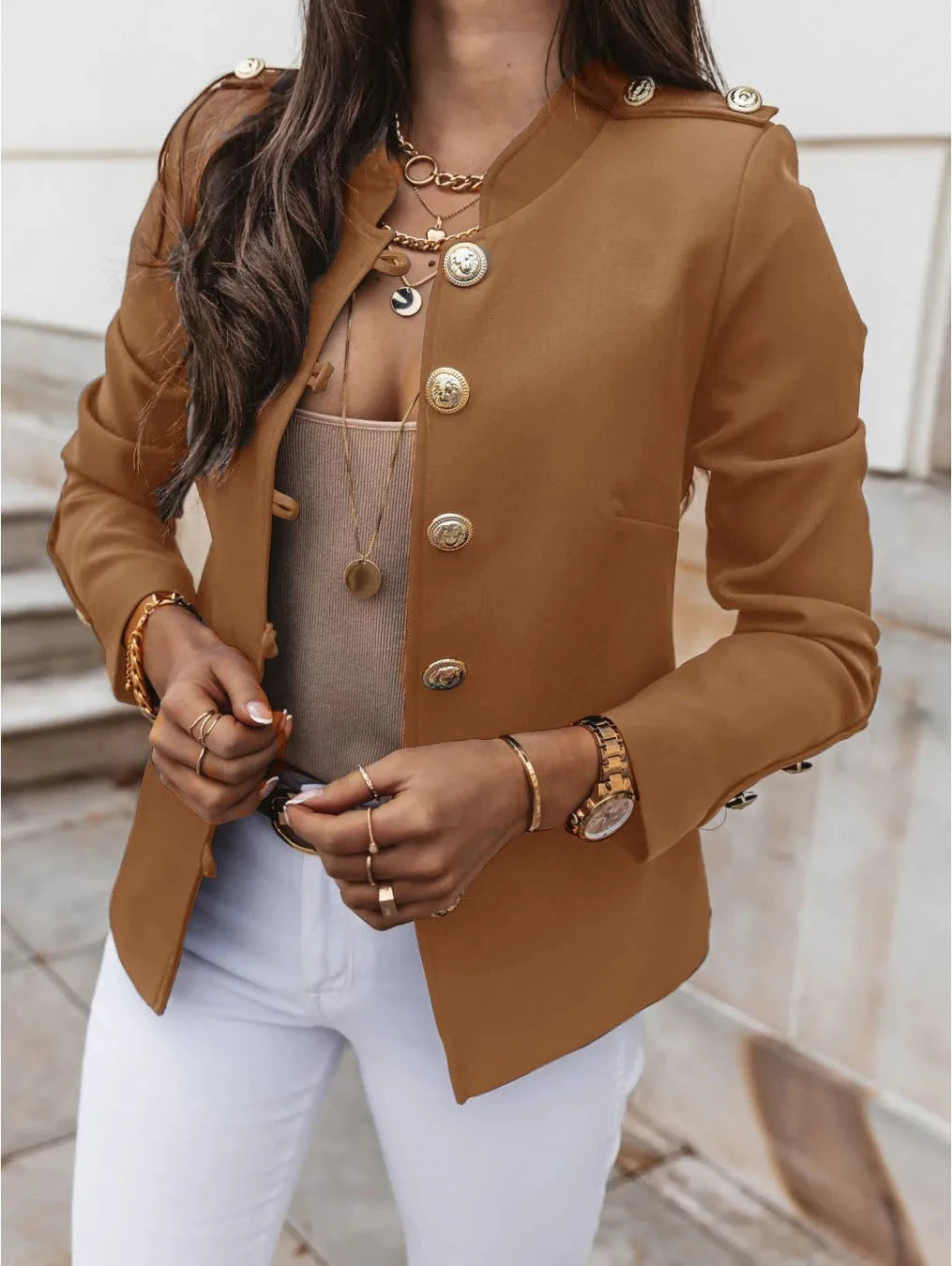 Lavinque Jacket Chameau / S Blazer Militaire Chic | Élégant | Structuré et Tendance