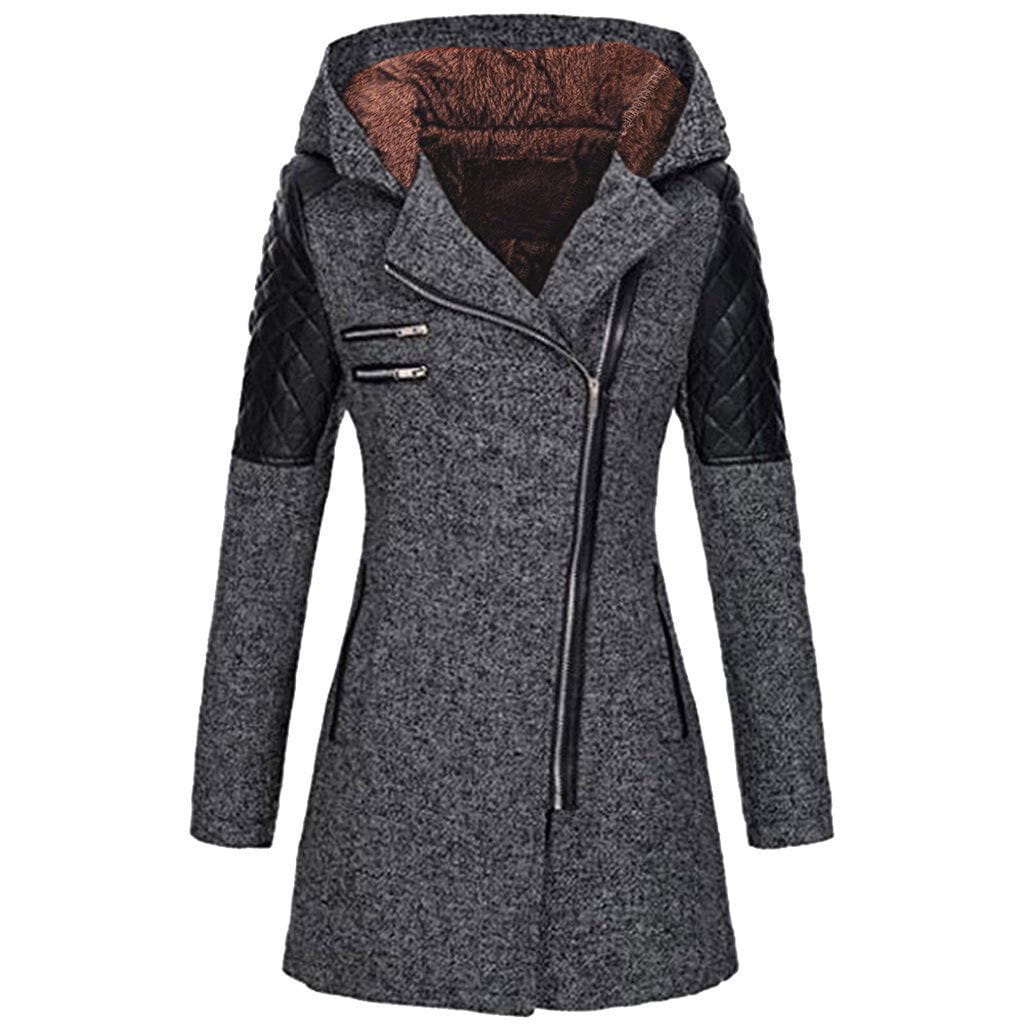 Lavinque Jacket Gris foncé (avec capuche en velours) / S Manteau Biker Hiver | Laine & Simili Cuir | Chaud et Tendance