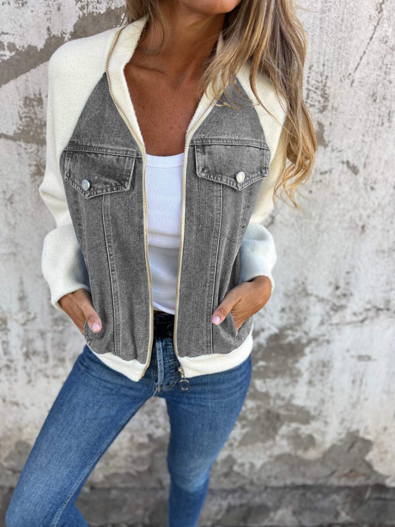 Lavinque Jacket Gris / S Veste Bomber Bimatière | Denim et Blanc | Style Urbain et Tendance