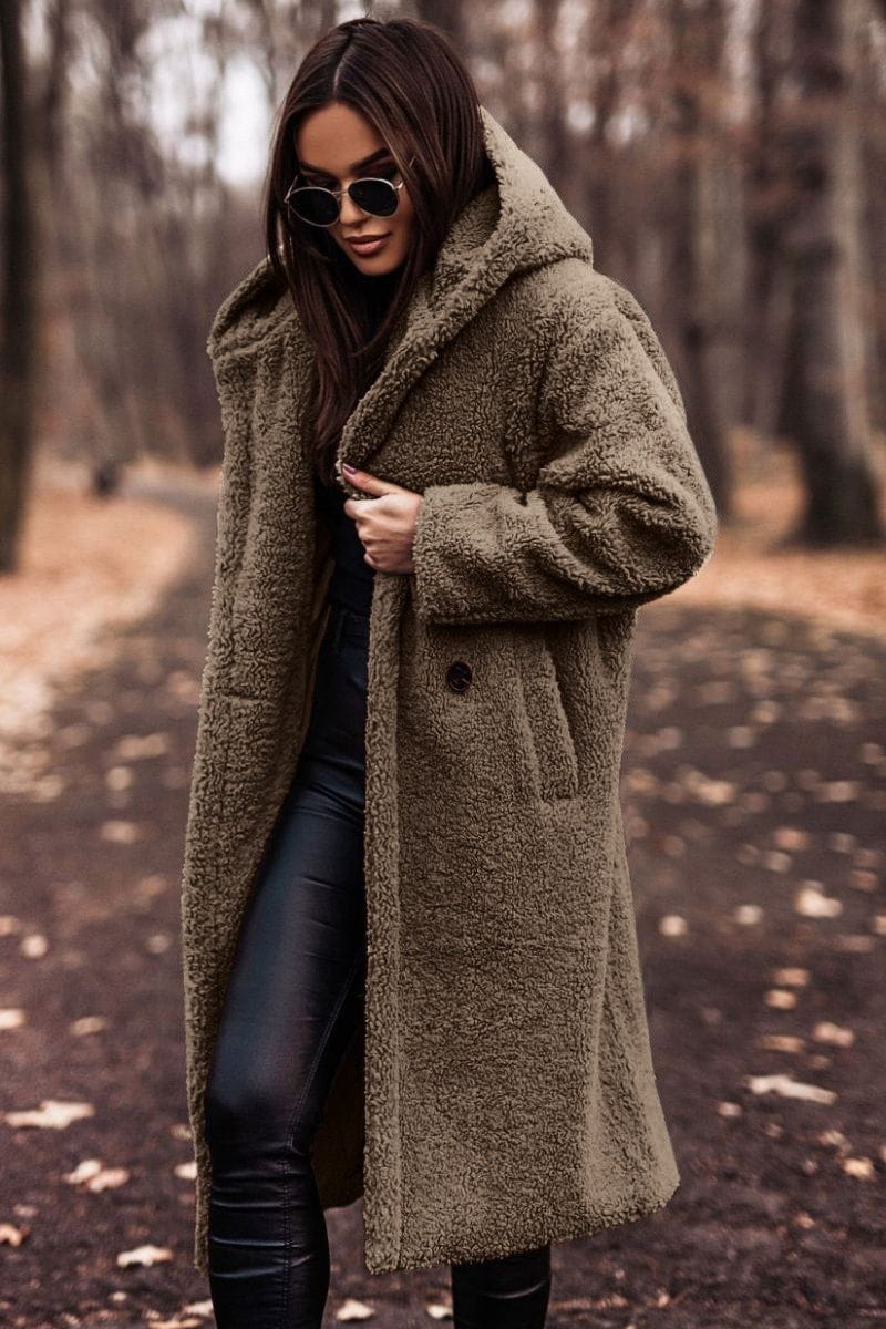 Lavinque Jacket Kaki / S Manteau Long en Fausse Fourrure | Doux & Chaud | Élégance Hivernale