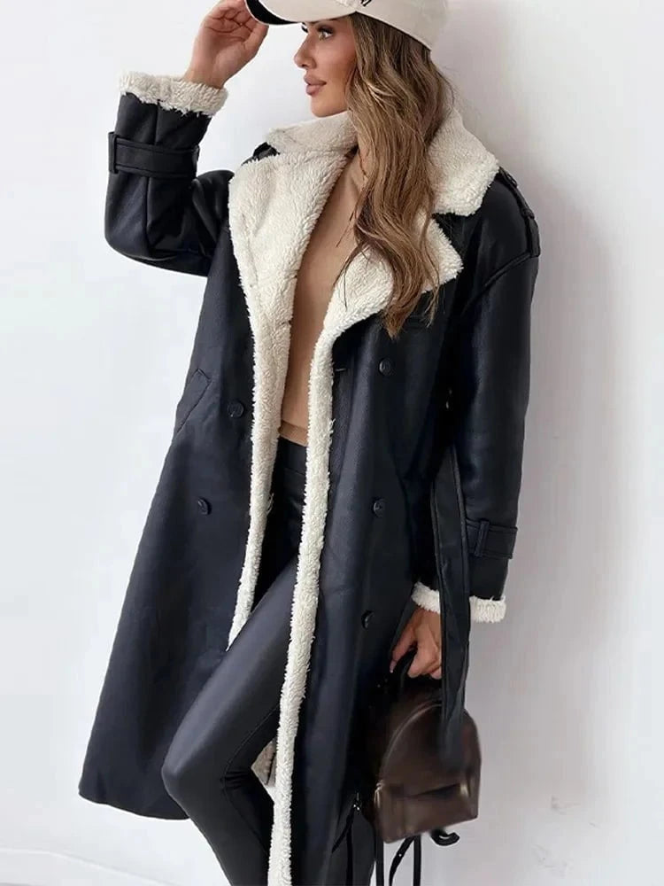 Lavinque Jacket Manteau Long Femme | Effet Cuir & Doublure Mouton | Chaleur et Élégance