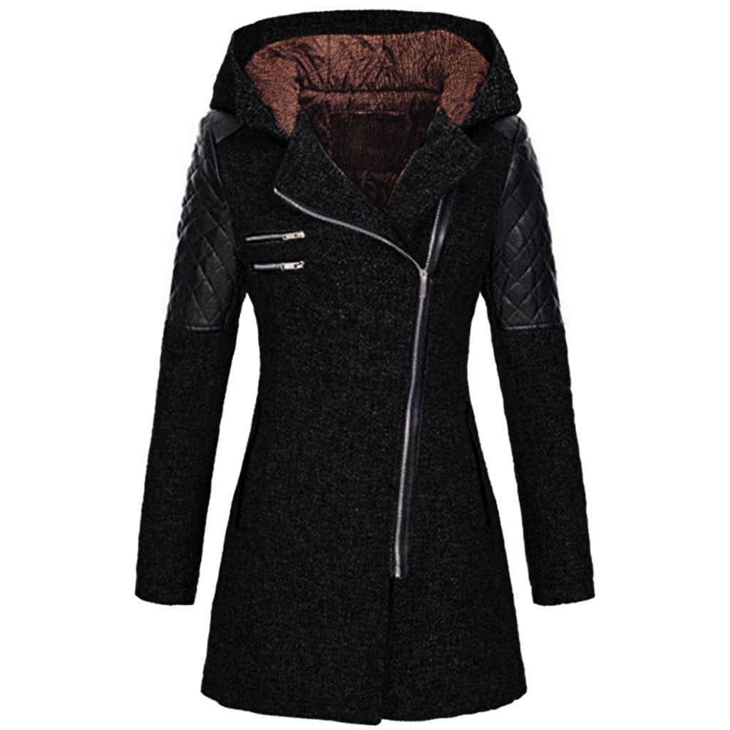 Lavinque Jacket Noir (avec capuche en velours) / S Manteau Biker Hiver | Laine & Simili Cuir | Chaud et Tendance