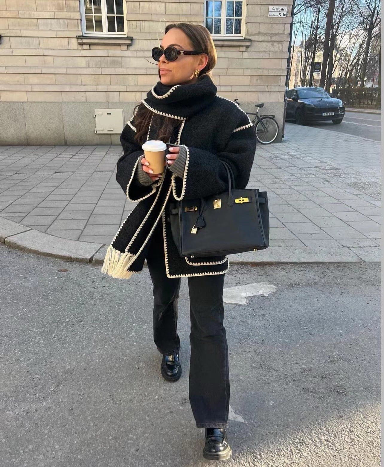 Lavinque Jacket Noir et blanc / S Manteau Cape avec Écharpe Intégrée | Élégance | Chaleur et Confort