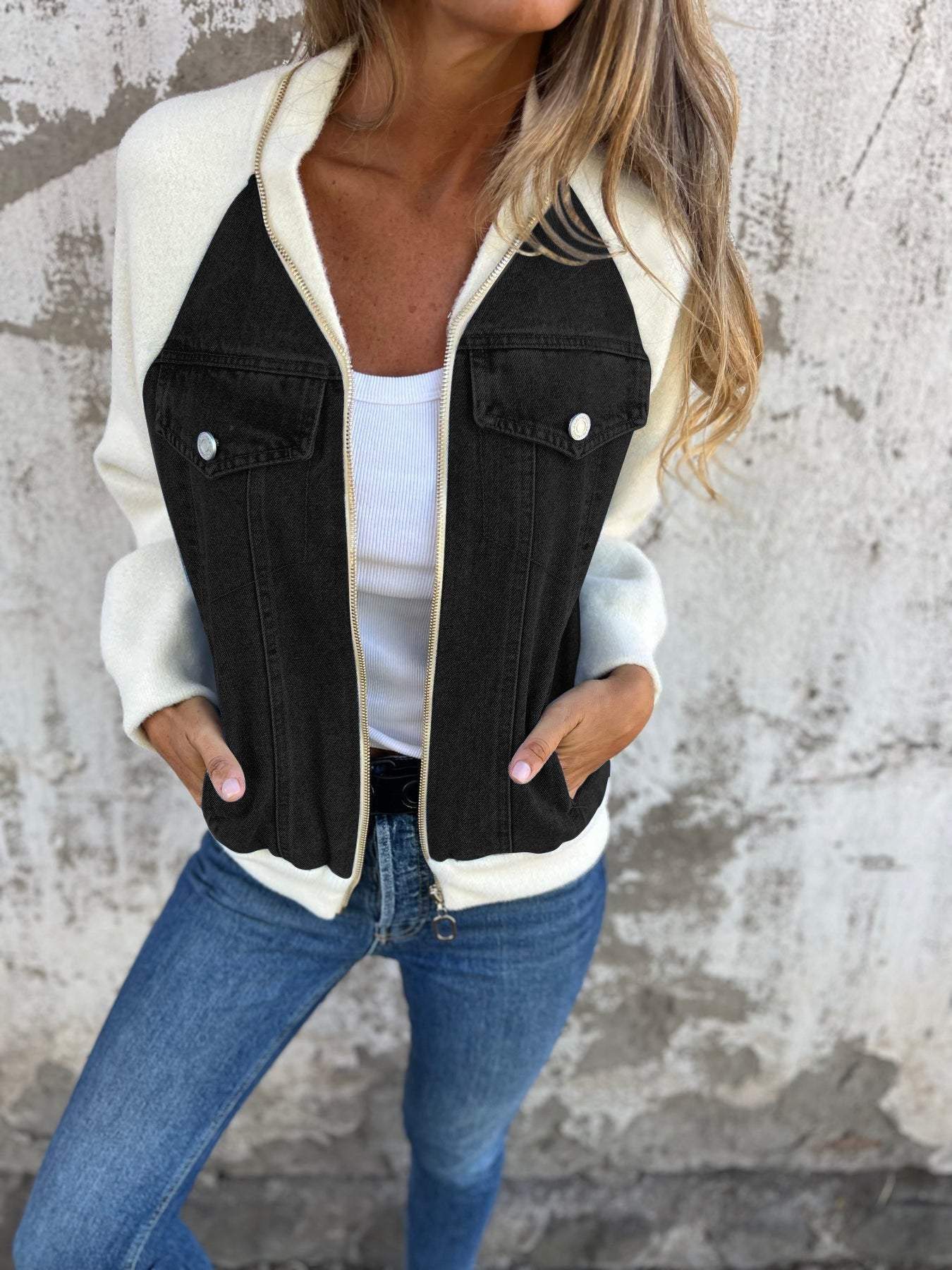 Lavinque Jacket Noir et Blanc / S Veste Bomber Bimatière | Denim et Blanc | Style Urbain et Tendance