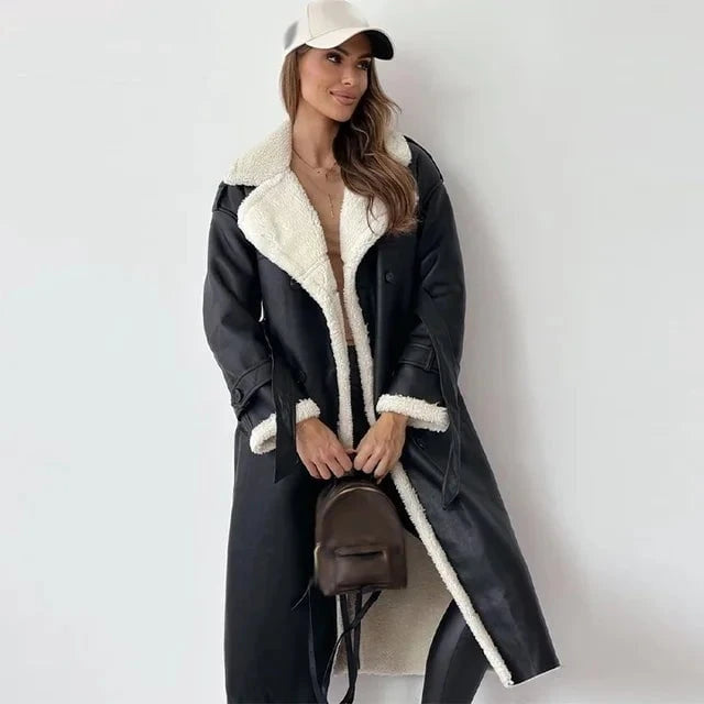 Lavinque Jacket Noir / S Manteau Long Femme | Effet Cuir & Doublure Mouton | Chaleur et Élégance