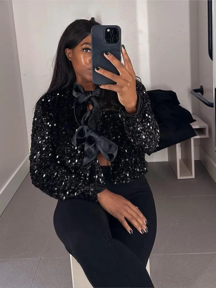 Lavinque Jacket Noir / S Veste Courte en Tweed | Nœuds Élégants | Chic et Raffiné