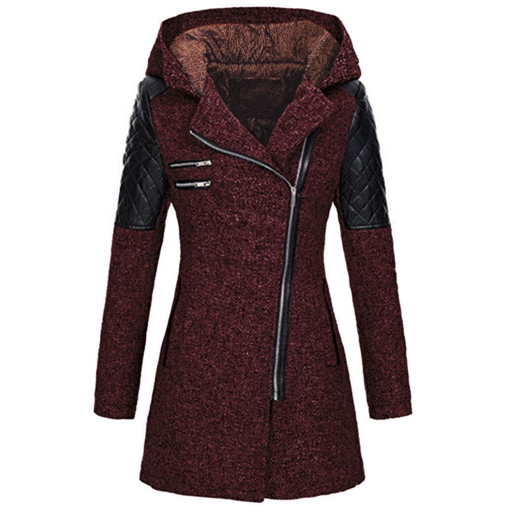 Lavinque Jacket Rouge foncé (avec capuchon en velours) / S Manteau Biker Hiver | Laine & Simili Cuir | Chaud et Tendance