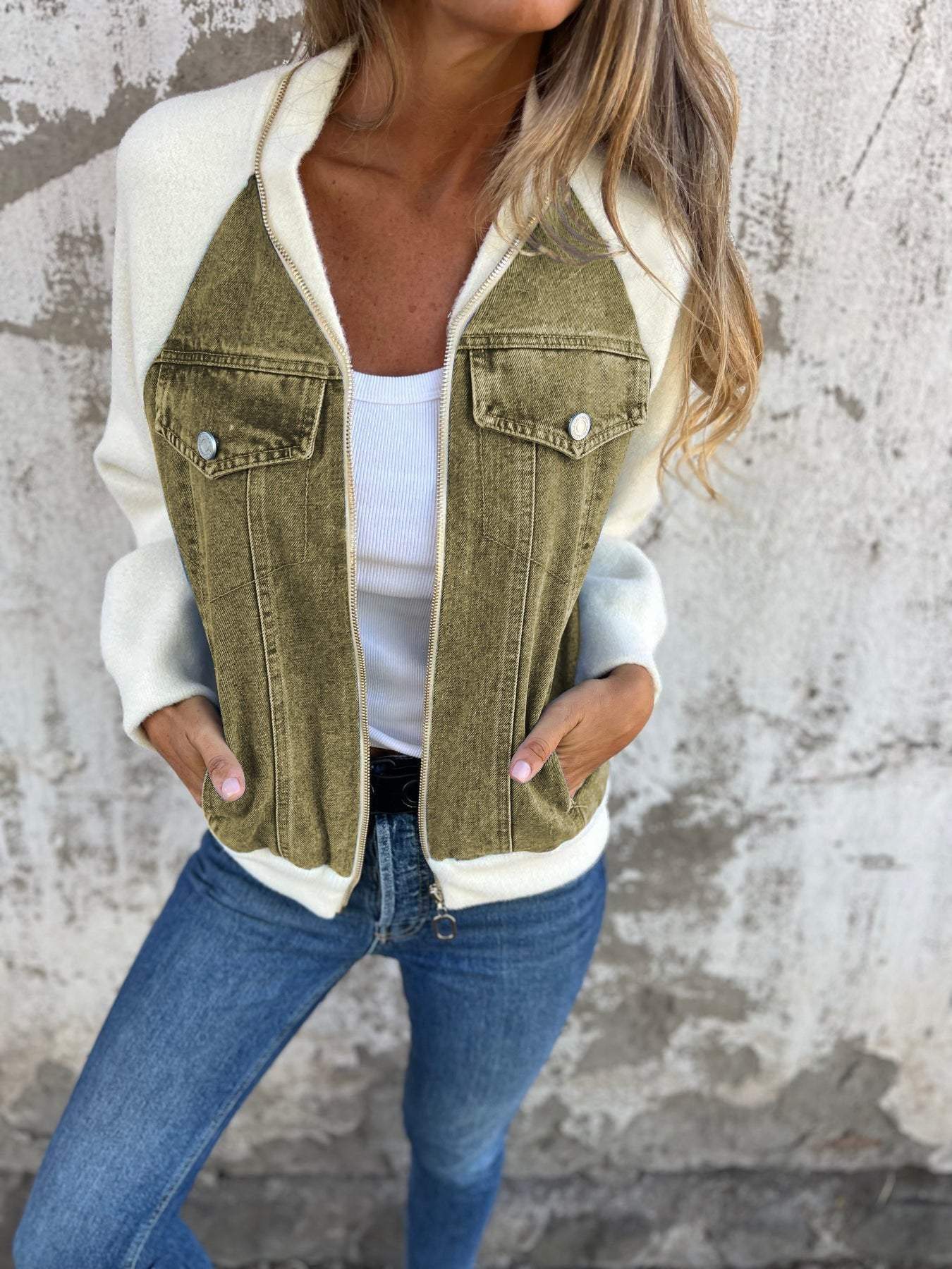 Lavinque Jacket Vert olive / S Veste Bomber Bimatière | Denim et Blanc | Style Urbain et Tendance