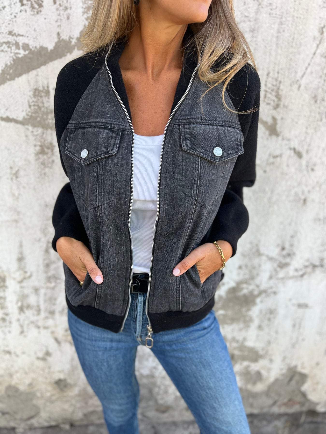 Lavinque Jacket Veste Bomber Bimatière | Denim et Blanc | Style Urbain et Tendance