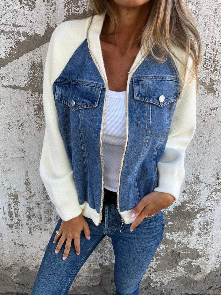 Lavinque Jacket Veste Bomber Bimatière | Denim et Blanc | Style Urbain et Tendance