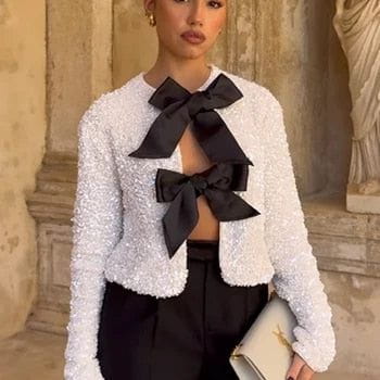 Lavinque Jacket Veste Courte en Tweed | Nœuds Élégants | Chic et Raffiné