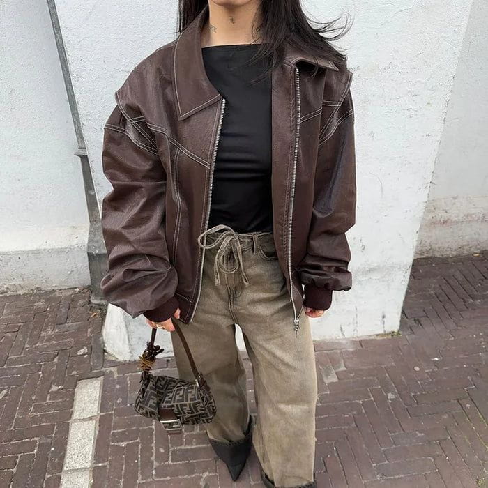 Lavinque Jacket Veste Oversize Femme | Effet Cuir & Style Urbain | Look Tendance