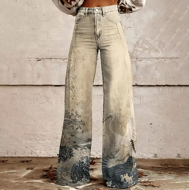 Lavinque Jeans Beige / S Jean Évasé Bohème | Taille Haute | Imprimé Artistique