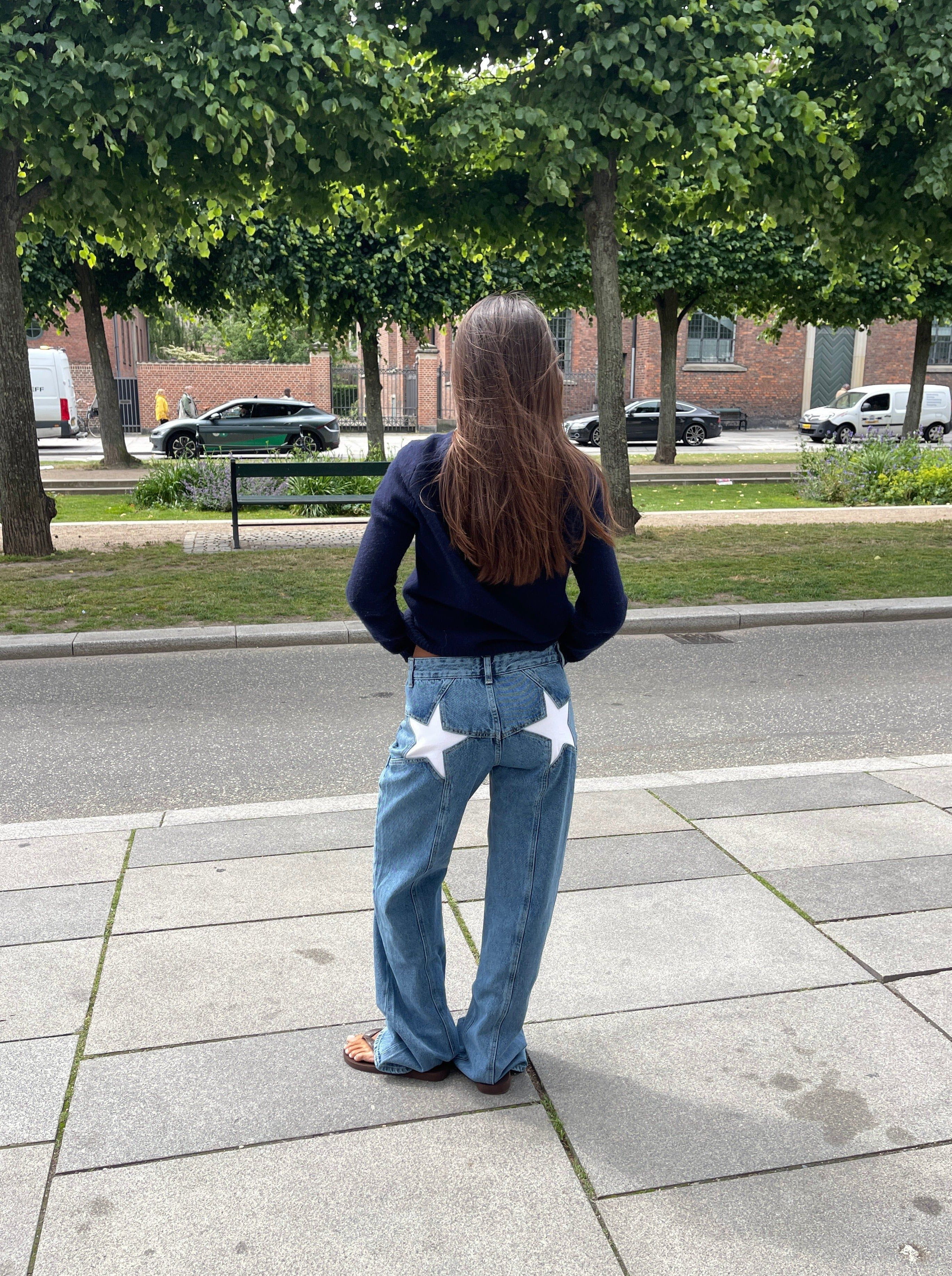 Lavinque jeans Denim clair avec étoiles blanches / XS Jean Baggy Étoilé | Taille Haute | Streetwear et Original