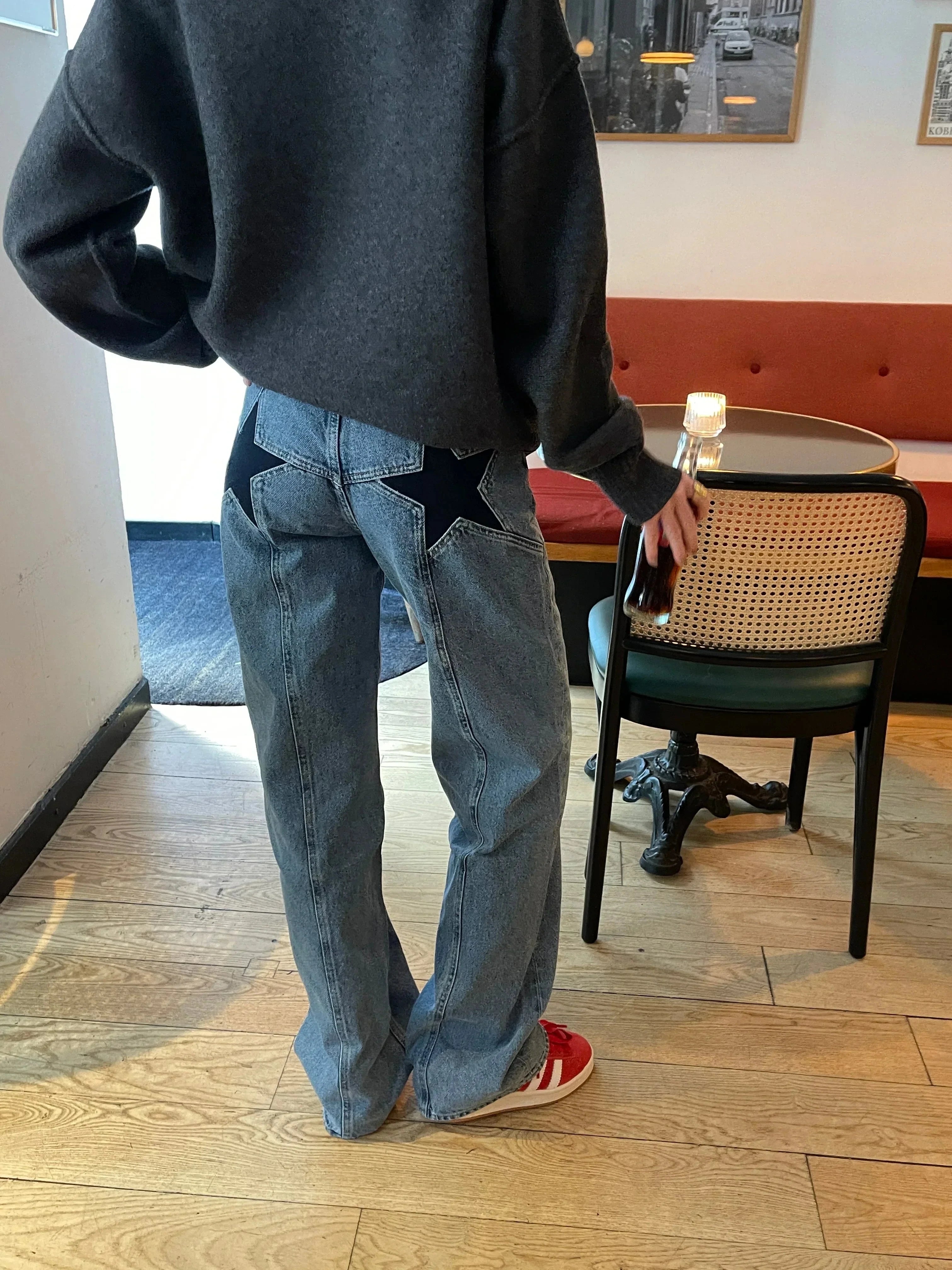 Lavinque jeans Denim clair avec étoiles en denim foncé / XS Jean Baggy Étoilé | Taille Haute | Streetwear et Original
