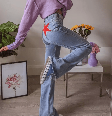 Lavinque jeans Denim clair avec étoiles rouges / XS Jean Baggy Étoilé | Taille Haute | Streetwear et Original