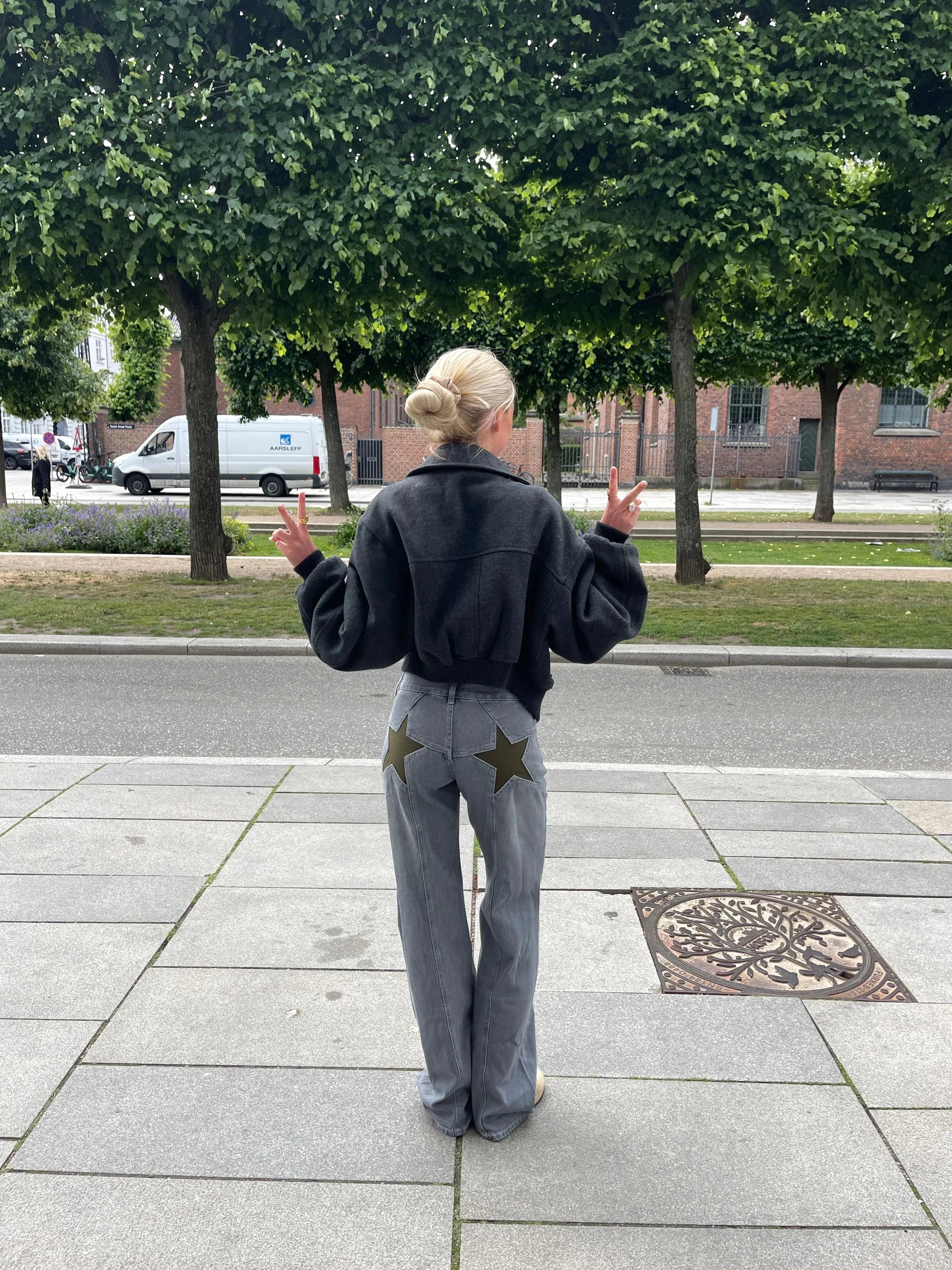 Lavinque jeans Gris avec des étoiles kaki / XS Jean Baggy Étoilé | Taille Haute | Streetwear et Original