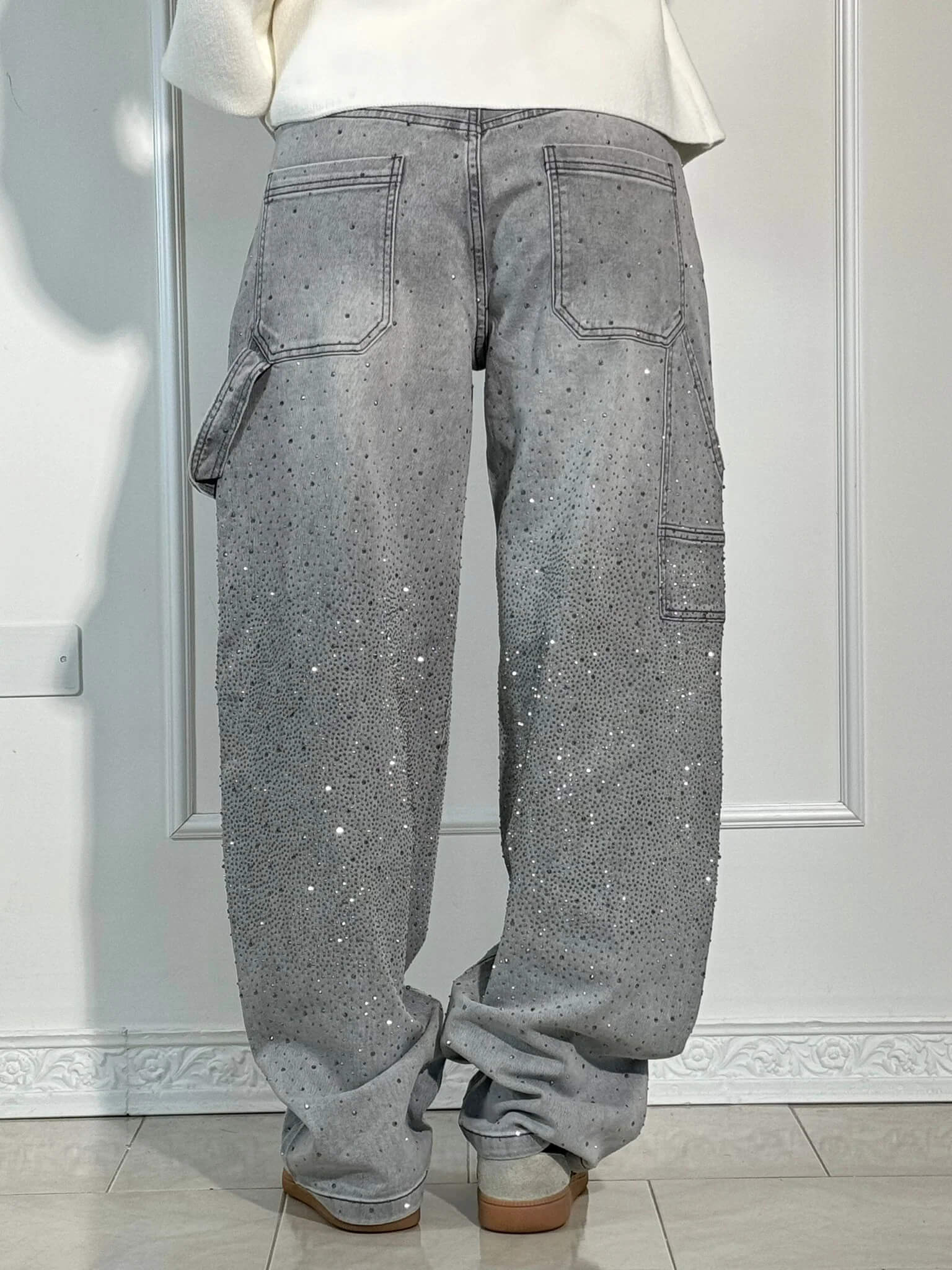 Lavinque Jeans Gris / S Jean Large Effet Pailleté | Tendance et Confort | Style Streetwear