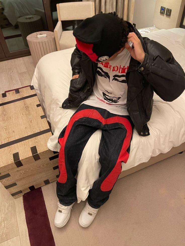 Lavinque Jeans Rouge / S Jean Baggy Bicolore | Streetwear | Original et Audacieux
