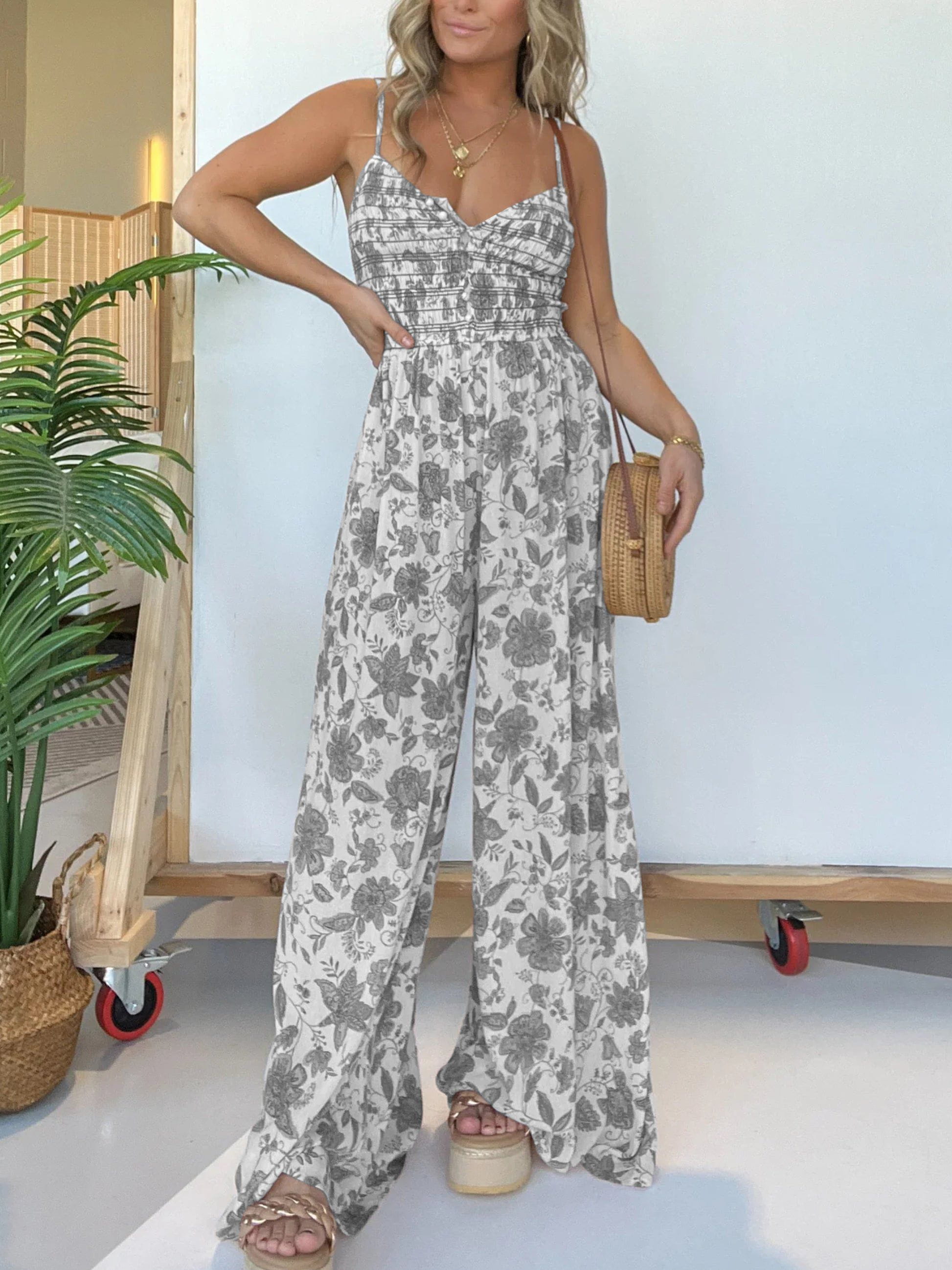 Lavinque Jumpsuit Blanc/Gris / S Combinaison Pantalon Femme | Élégante & Fluide | Imprimé Bohème Chic