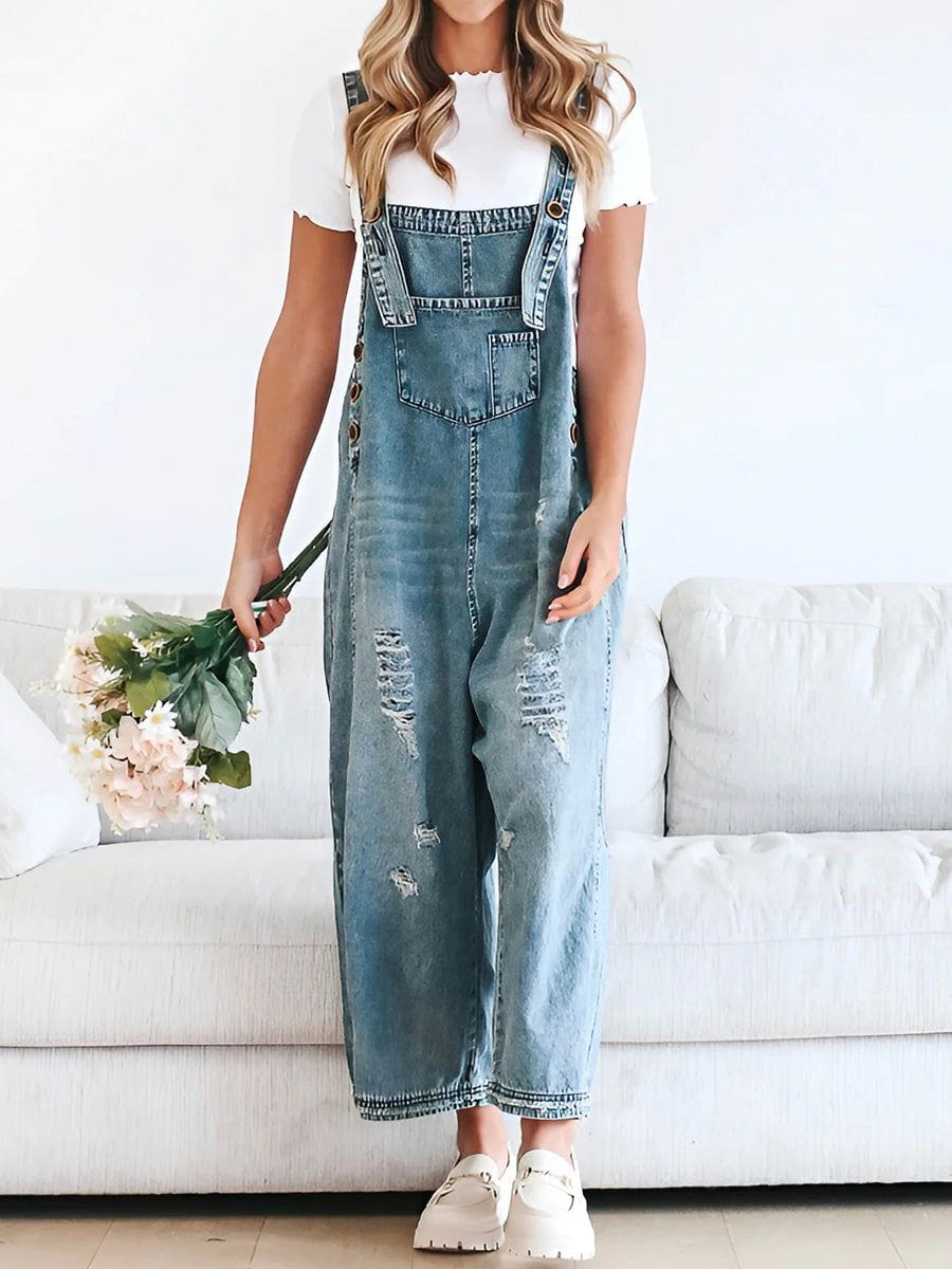 Lavinque Jumpsuit Bleu clair / S Salopette Large en Jean | Effet Usé | Style Décontracté et Vintage
