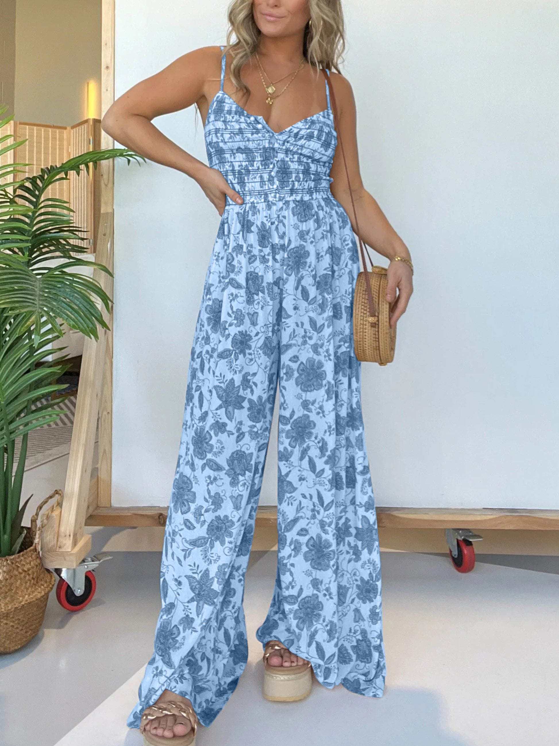 Lavinque Jumpsuit Bleu / S Combinaison Pantalon Femme | Élégante & Fluide | Imprimé Bohème Chic