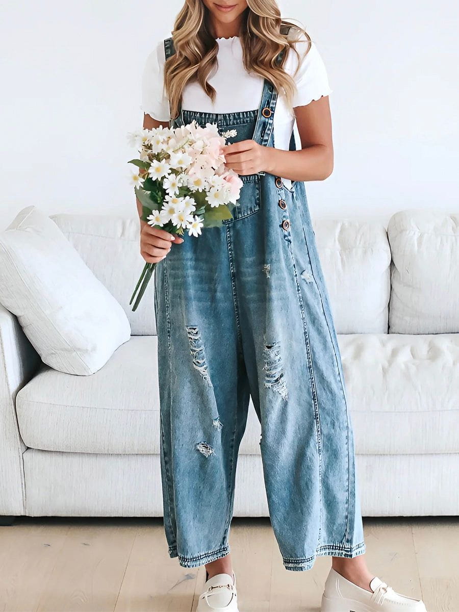 Lavinque Jumpsuit Salopette Large en Jean | Effet Usé | Style Décontracté et Vintage