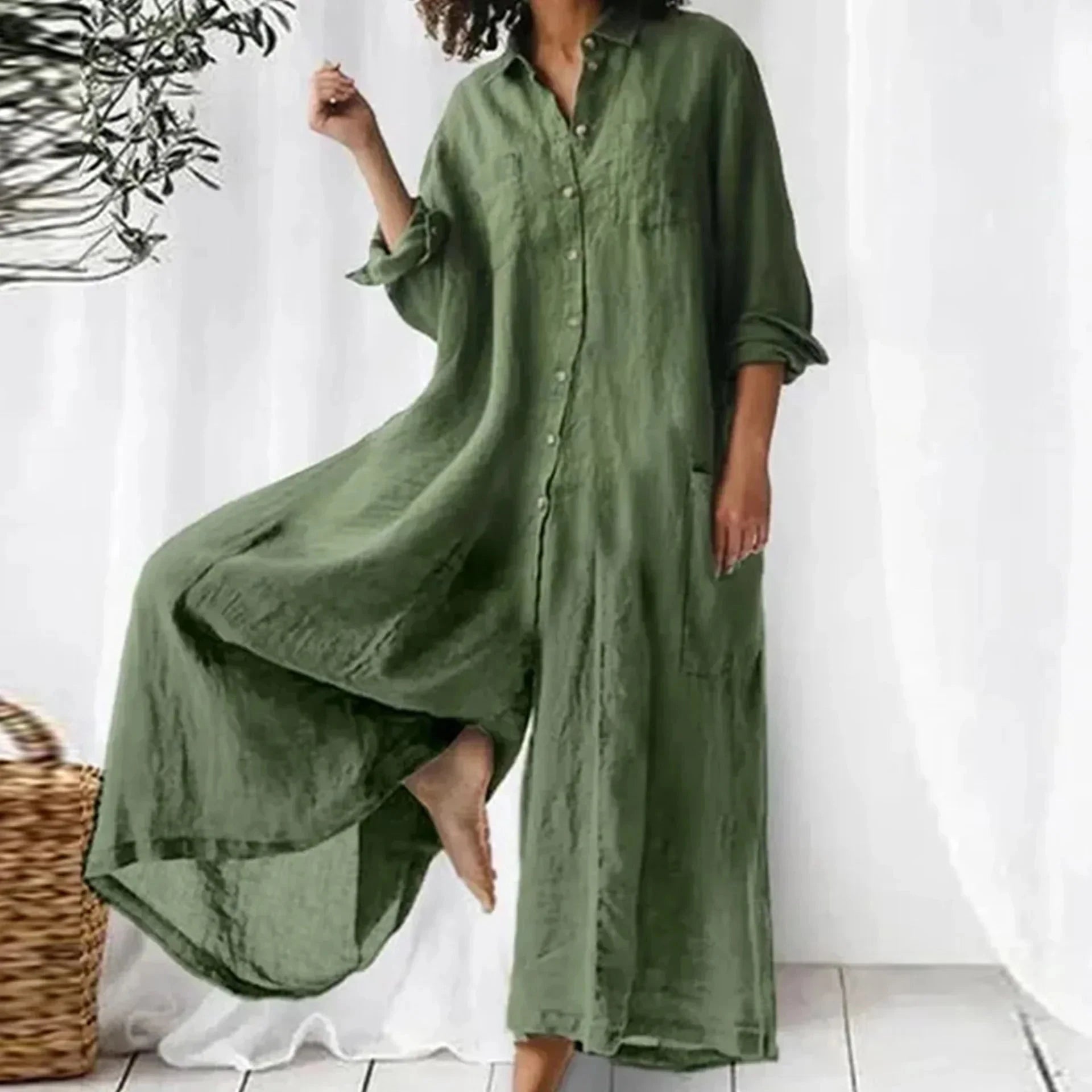Lavinque Jumpsuit Vert olive / S Robe Longue Femme | Lin | Élégante et Confortable