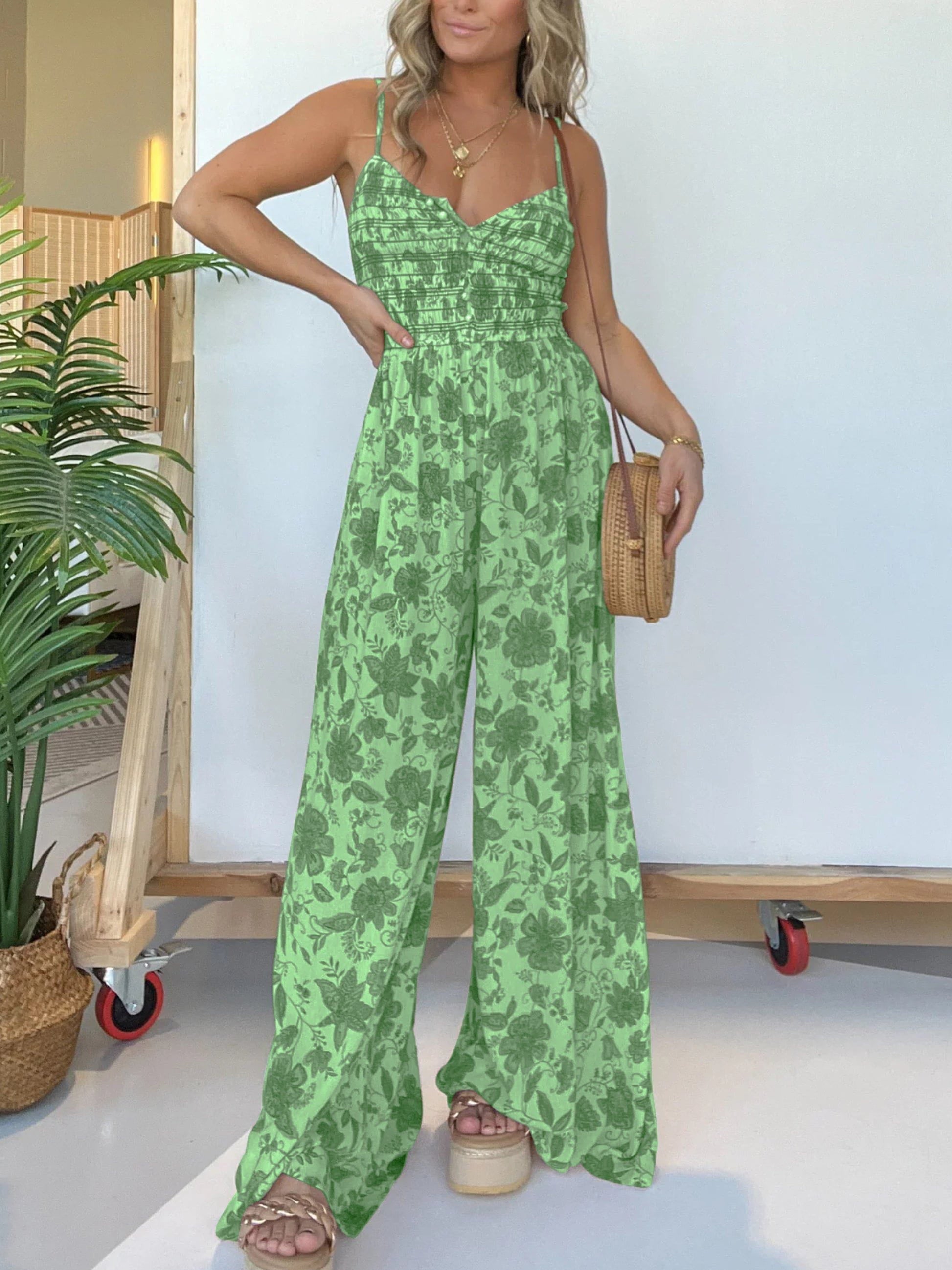 Lavinque Jumpsuit Vert / S Combinaison Pantalon Femme | Élégante & Fluide | Imprimé Bohème Chic