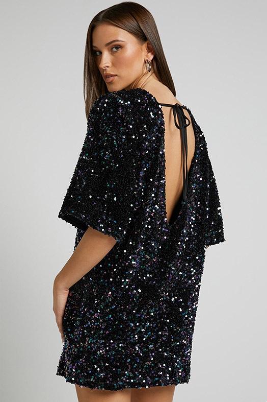 Lavinque Kleding en accessoires Noir / S Robe Courte à Sequins Dos Nu | Glamour | Brillante et Élégante