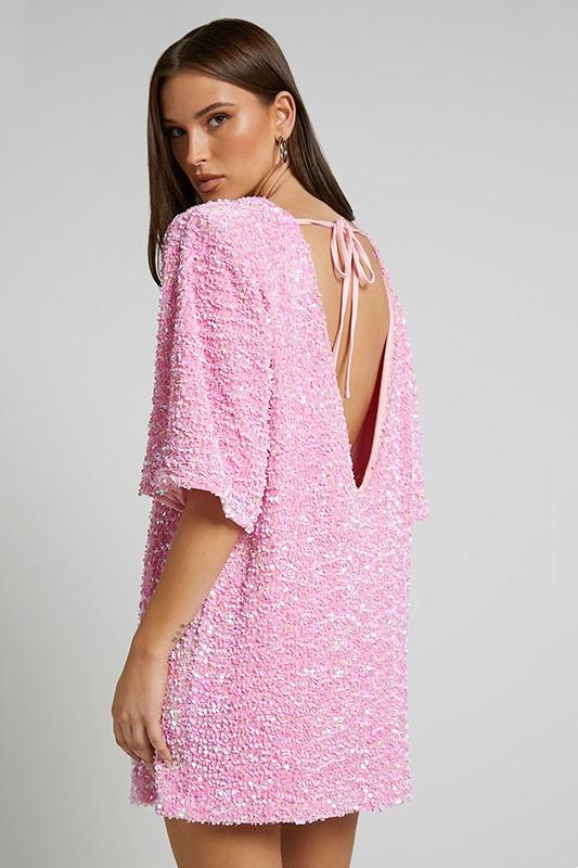 Lavinque Kleding en accessoires Rose / S Robe Courte à Sequins Dos Nu | Glamour | Brillante et Élégante