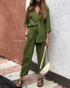 Lavinque outfit set Armée verte / S Ensemble Lin Femme | Chemise et Pantalon | Léger et Élégant