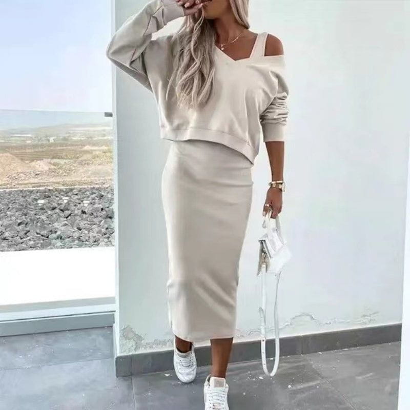 Lavinque outfit set Beige / S Ensemble Jupe & Pull Épaules Dénudées | Élégance & Confort | Look Tendance