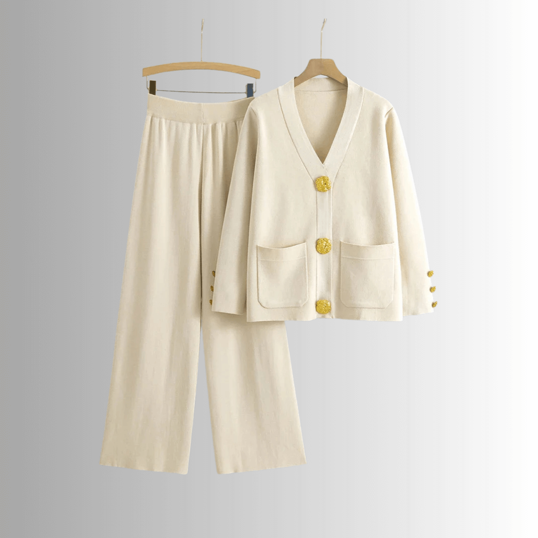 Lavinque Outfit set Beige / XS Ensemble Pantalon & Cardigan Boutonné | Beige Sable | Élégance Décontractée