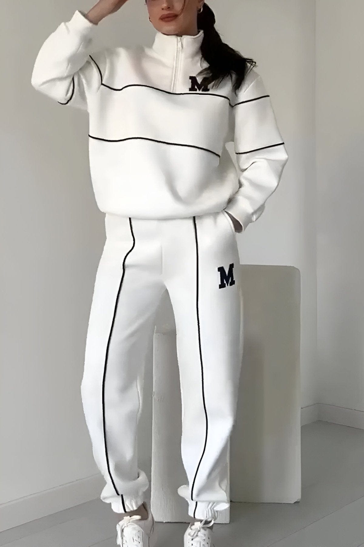 Lavinque Outfit set Blanc / S Ensemble de Jogging Vert Foncé | Col Zippé & Lettrage M | Sportif et Stylé